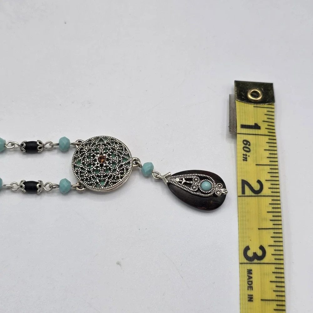 Vintage Napier Bohemian Filigree Mandala Turquoise Beaded Teardrop Necklace 18in